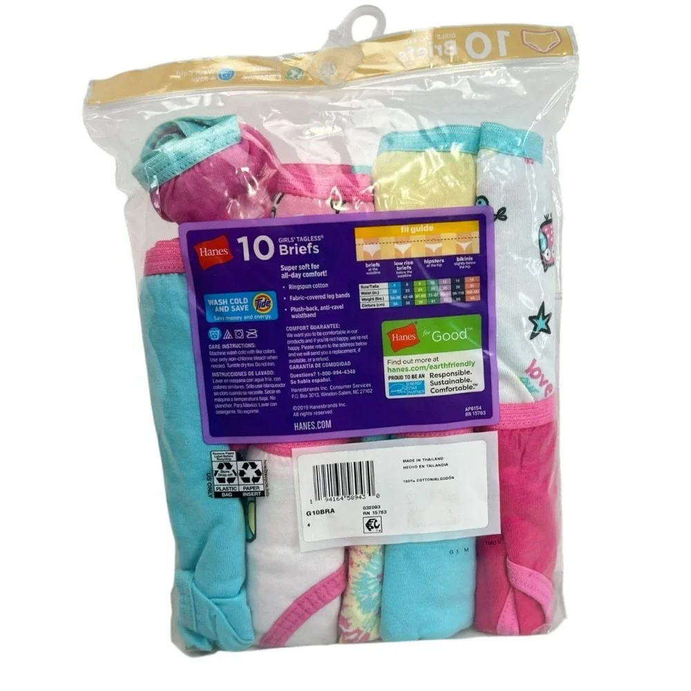 Hanes Girls' Tagless Cotton Briefs sz‎ 4, 10-pack Assorted Colors-New In Pkg